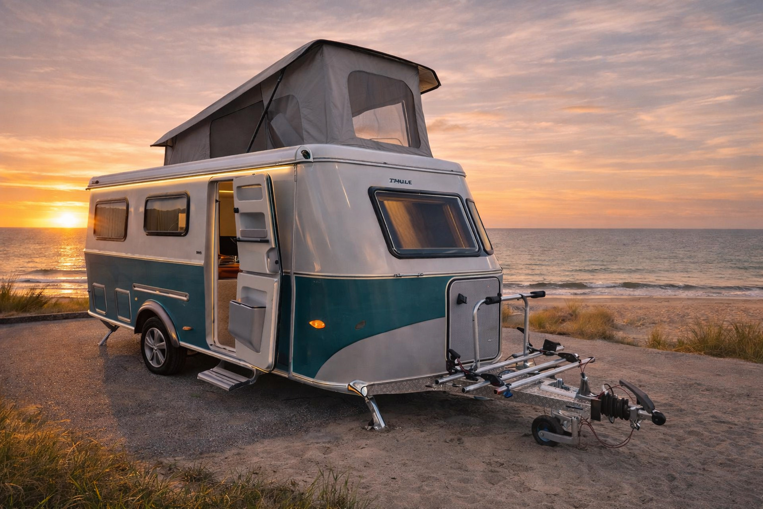 Eriba 642 mit Aufstelldach am Meer bei Sonnenuntergang